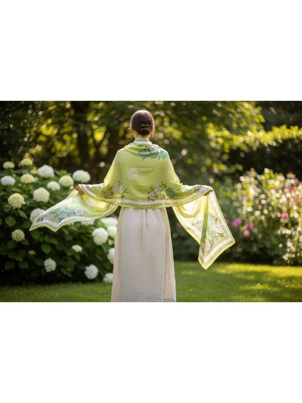 Green Floral Satin Scarf Lightweight Shawl Wrap Elegant Summer Accessory - Picture 2 of 12